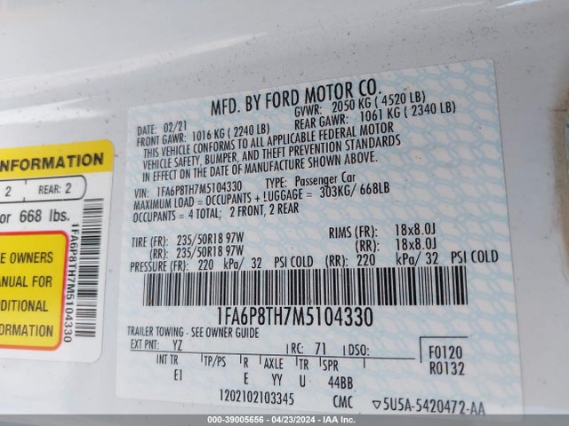Ford Mustang Ecoboost Premium Fastback 2021 1FA6P8TH7M5104330 Image 9