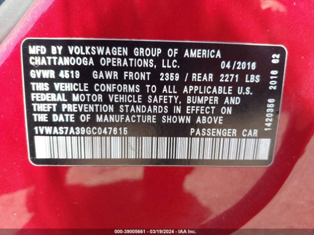 1VWAS7A39GC047615 Volkswagen Passat 1.8t S