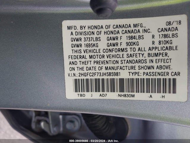 Honda CIVIC EX 2018 2HGFC2F73JH585981 Image 9