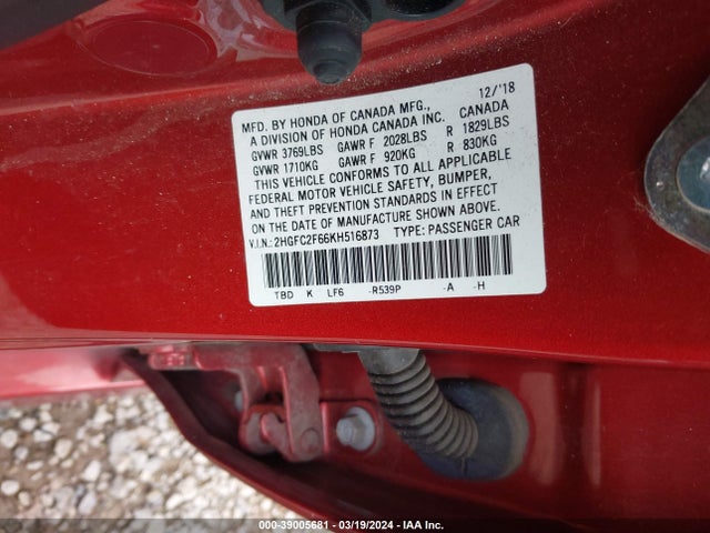 Honda Civic Lx 2019 2HGFC2F66KH516873 Image 9