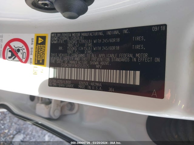 Toyota Highlander Xle 2019 5TDKZRFH1KS552025 Image 9