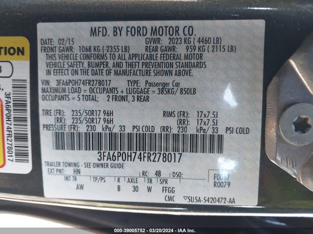 Ford FUSION SE 2015 3FA6P0H74FR278017 Image 9