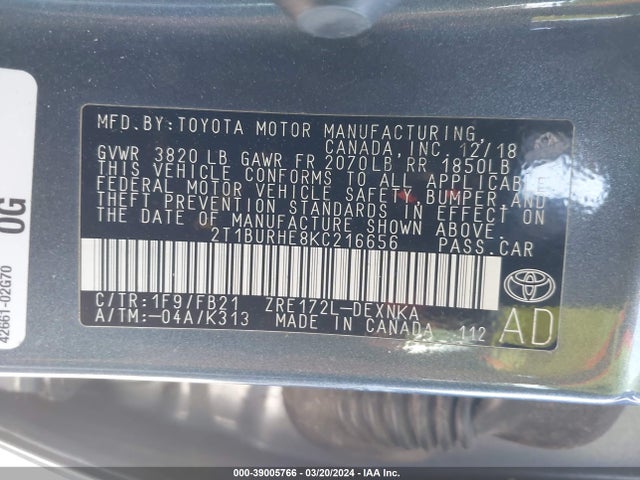 Toyota COROLLA LE 2019 2T1BURHE8KC216656 Image 9