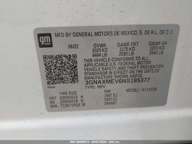 3GNAXMEV6NS195377 Chevrolet Equinox Fwd Rs