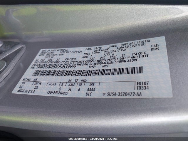 Ford ESCAPE SEL 2018 1FMCU0HD6JUD32717 Image 9