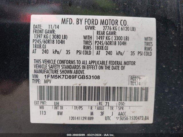 Ford EXPLORER XLT 2015 1FM5K7D89FGB53108 Image 9
