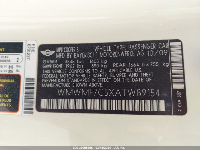 2010 MINI COOPER S WMWMF7C5XATW89154 Photo 8