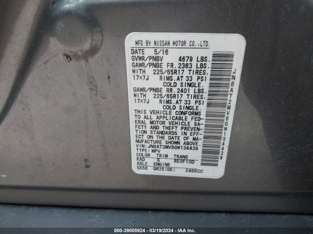 Nissan ROGUE S 2016 JN8AT2MV8GW134439 Image 9