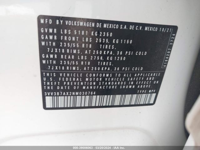 3VV3B7AX2NM030764 Volkswagen Tiguan 2.0t Se