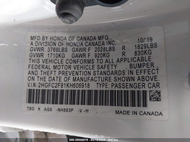 Honda Civic Sport 2019 2HGFC2F81KH606918 Image 9