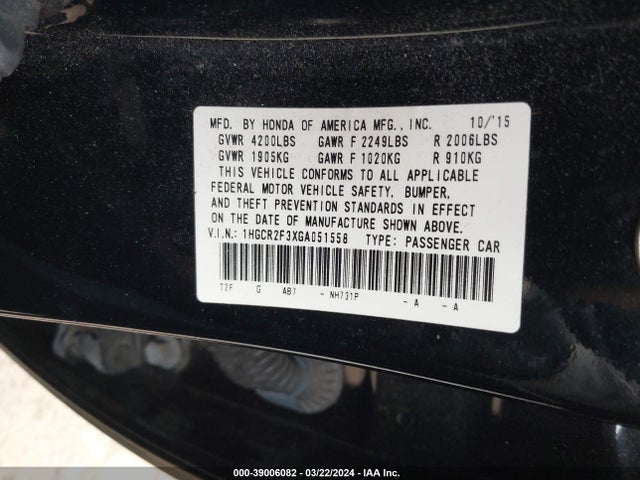 Honda ACCORD LX 2016 1HGCR2F3XGA051558 Image 9