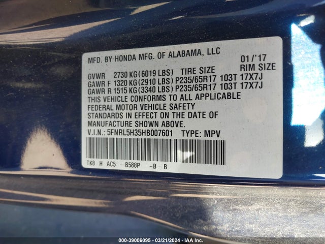 Honda ODYSSEY SE 2017 5FNRL5H35HB007601 Image 9