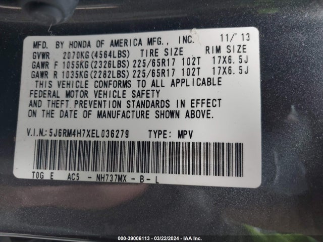 Honda Cr-v Ex-l 2014 5J6RM4H7XEL036279 Image 9