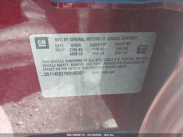 Chevrolet IMPALA 2LZ 2017 2G1145S37H9195361 Image 9