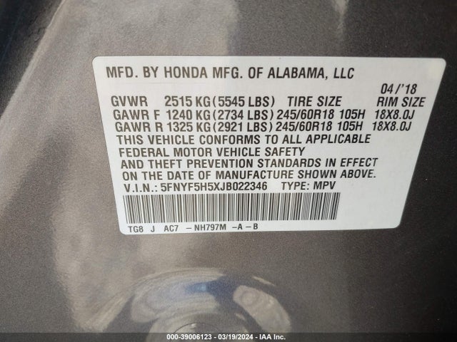 Honda Pilot Ex-l 2018 5FNYF5H5XJB022346 Image 9