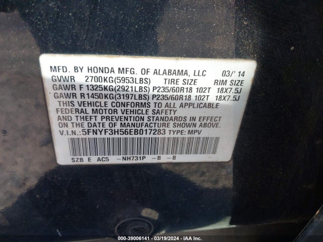 Honda Pilot Ex-l 2014 5FNYF3H56EB017283 Image 9