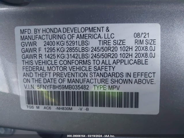 Honda Passport Awd Ex-l 2021 5FNYF8H59MB035482 Image 9