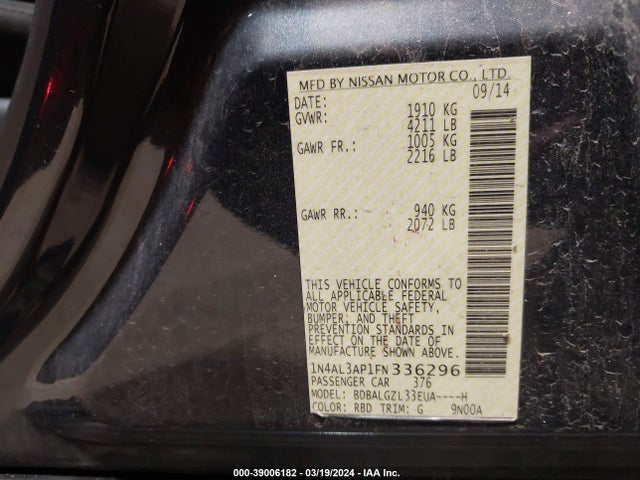 Nissan Altima 2.5 S 2015 1N4AL3AP1FN336296 Image 9