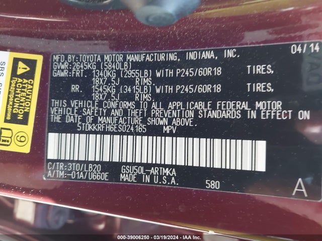 Toyota Highlander Xle V6 2014 5TDKKRFH6ES024165 Image 9
