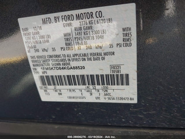 Ford EXPLORER XLT 2019 1FM5K7D84KGA88520 Image 9