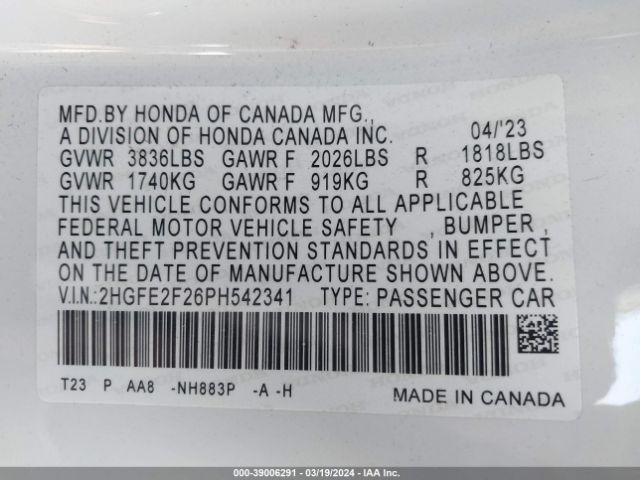 2HGFE2F26PH542341 Honda Civic Lx