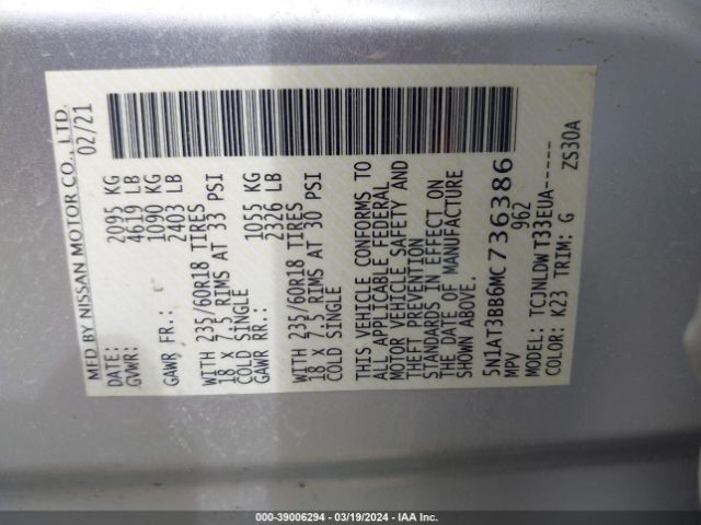 5N1AT3BB6MC736386 Nissan Rogue Sv Intelligent Awd