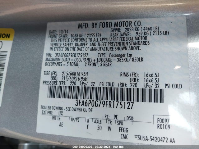 Ford FUSION S 2015 3FA6P0G79FR175127 Image 9