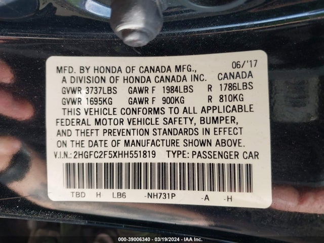 Honda Civic Lx 2017 2HGFC2F5XHH551819 Image 9