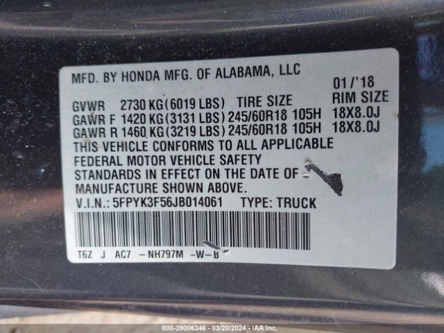 5FPYK3F56JB014061 Honda Ridgeline Rtl
