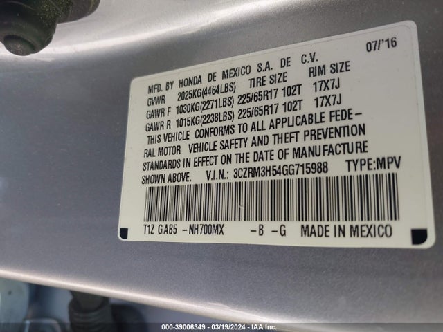 Honda CR-V EX 2016 3CZRM3H54GG715988 Image 9