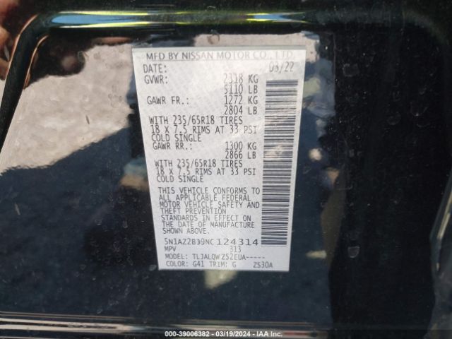 5N1AZ2BJ9NC124314 Nissan Murano Sv Fwd
