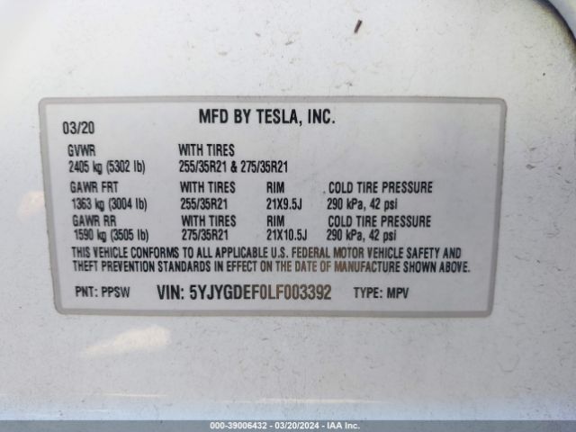 5YJYGDEF0LF003392 Tesla Model Y Long Range Dual Motor All-wheel Drive/performance Dual Motor All-wheel Drive