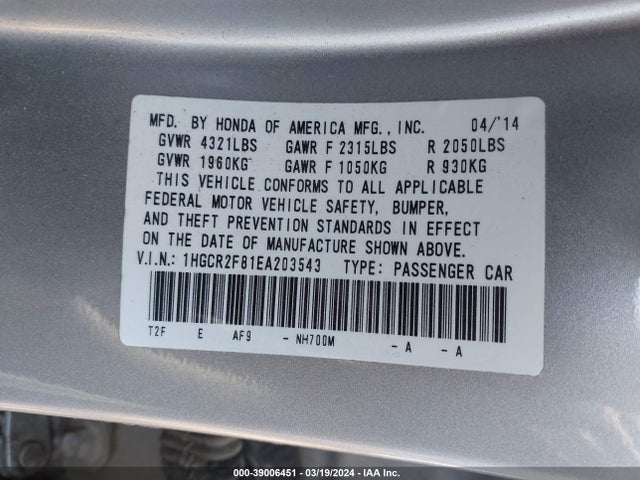 Honda Accord Ex-l 2014 1HGCR2F81EA203543 Image 9