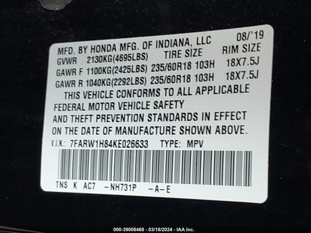 Honda Cr-v Ex-l 2019 7FARW1H84KE026633 Image 9