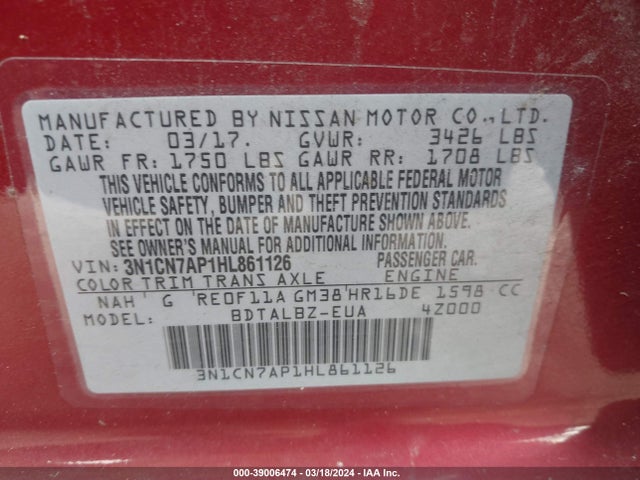 Nissan Versa 1.6 Sv 2017 3N1CN7AP1HL861126 Image 9