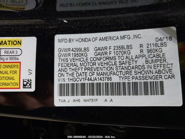Honda ACCORD EX 2018 1HGCV1F44JA143786 Image 9