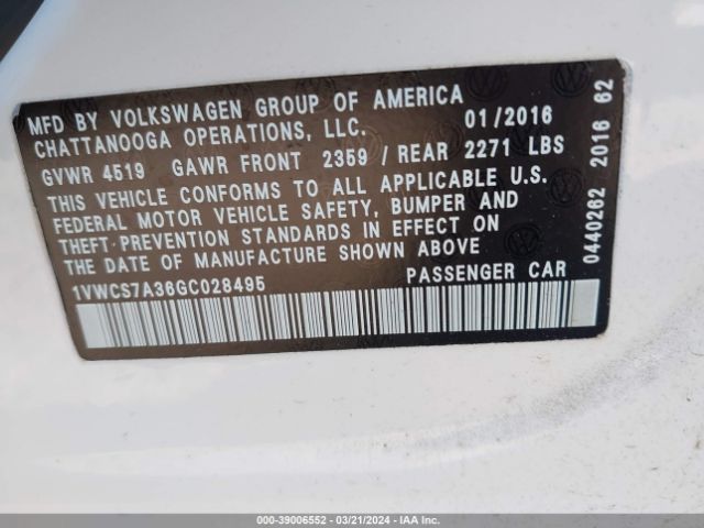 1VWCS7A36GC028495 Volkswagen Passat 1.8t Sel Premium