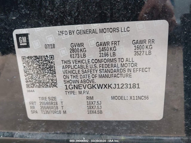 Chevrolet Traverse 1lt 2019 1GNEVGKWXKJ123181 Image 9