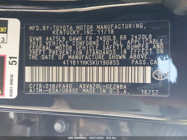 Toyota CAMRY LE 2019 4T1B11HK5KU190855 Image 9