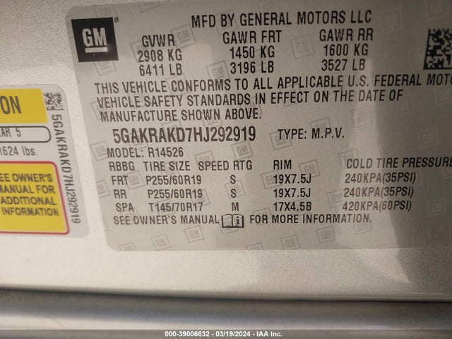 5GAKRAKD7HJ292919 Buick Enclave Convenience