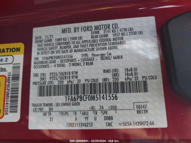 1FA6P8CF0M5141556 Ford Mustang Gt Fastback