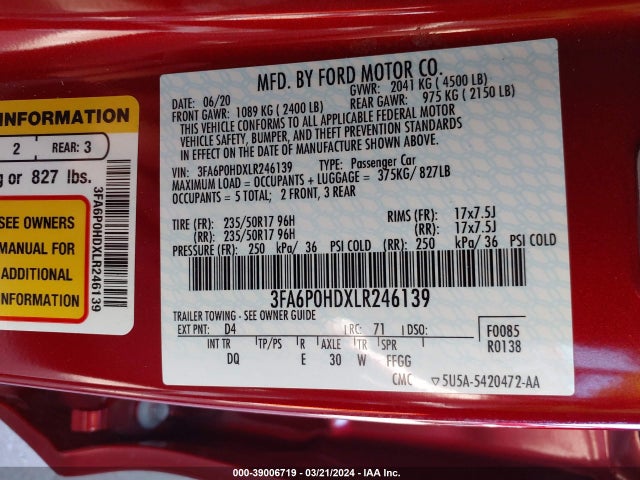 Ford FUSION SE 2020 3FA6P0HDXLR246139 Image 9