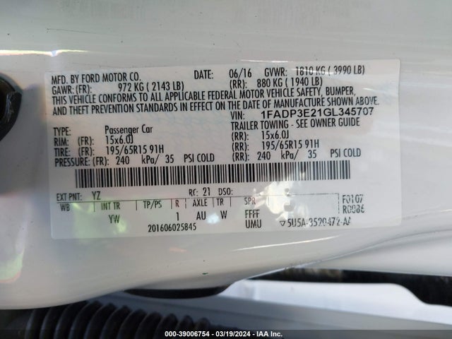 Ford FOCUS S 2016 1FADP3E21GL345707 Image 9