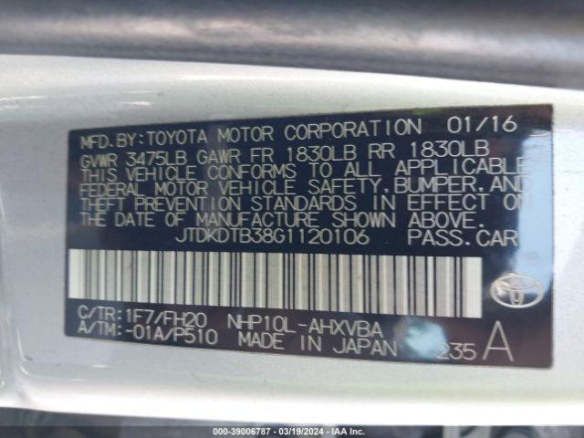JTDKDTB38G1120106 Toyota Prius C One