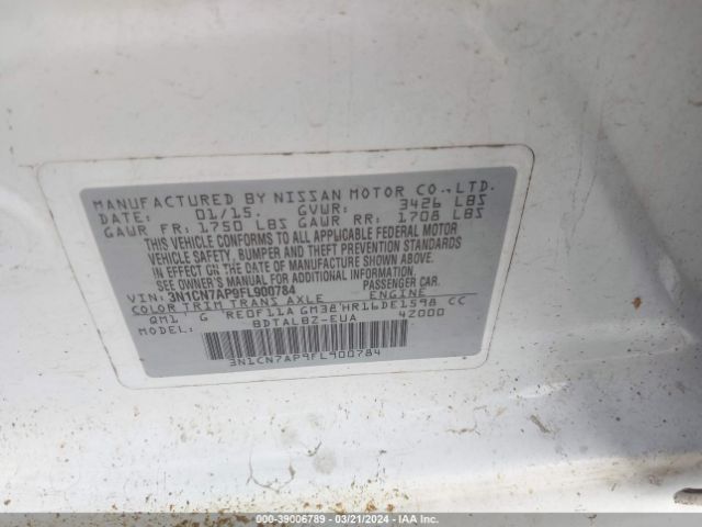 3N1CN7AP9FL900784 Nissan Versa 1.6 S/1.6 S+/1.6 Sl/1.6 Sv