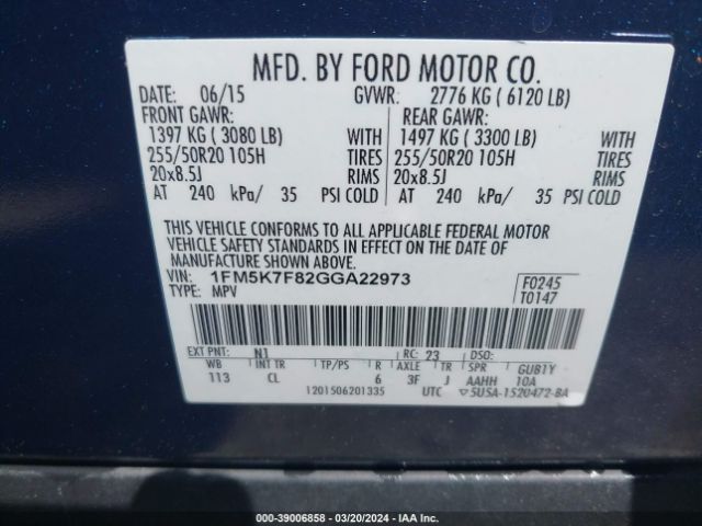 1FM5K7F82GGA22973 Ford Explorer Limited