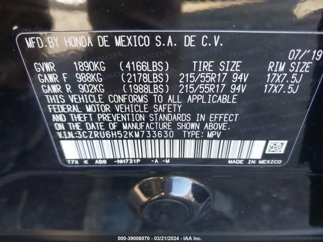 Honda HR-V EX 2019 3CZRU6H52KM733630 Image 9