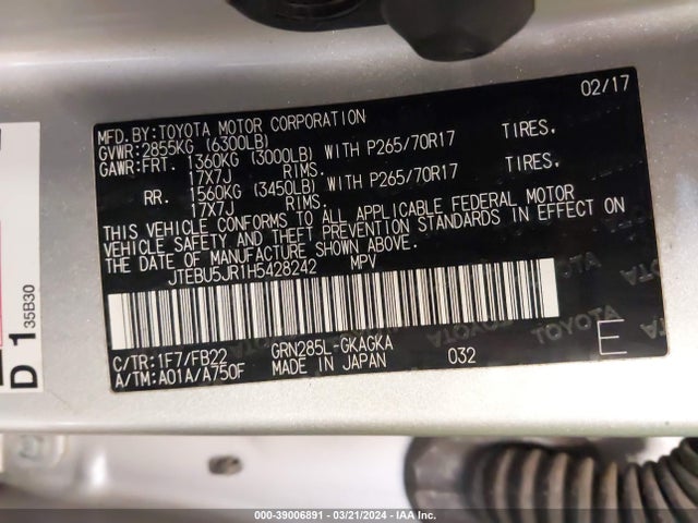 Toyota 4RUNNER SR5 2017 JTEBU5JR1H5428242 Image 9