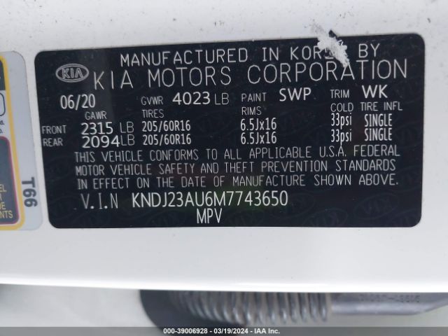 KNDJ23AU6M7743650 KIA SOUL LX