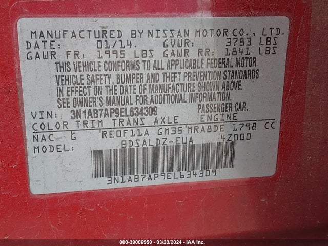 Nissan SENTRA SV 2014 3N1AB7AP9EL634309 Image 9